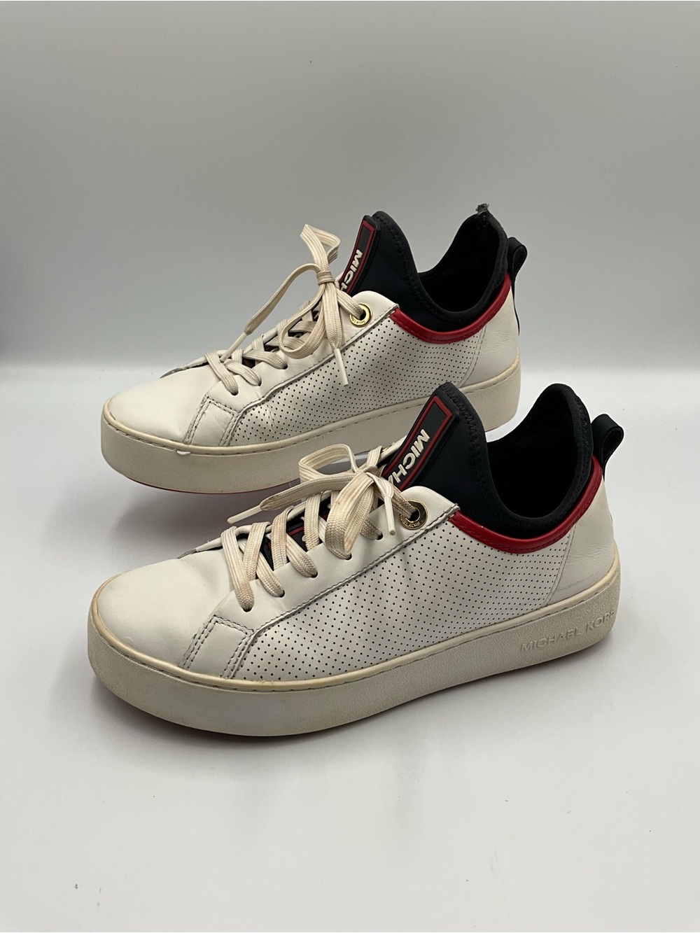 Michael Kors Sneakers Size 6 White Leather Sneakers with Black and Red Accents